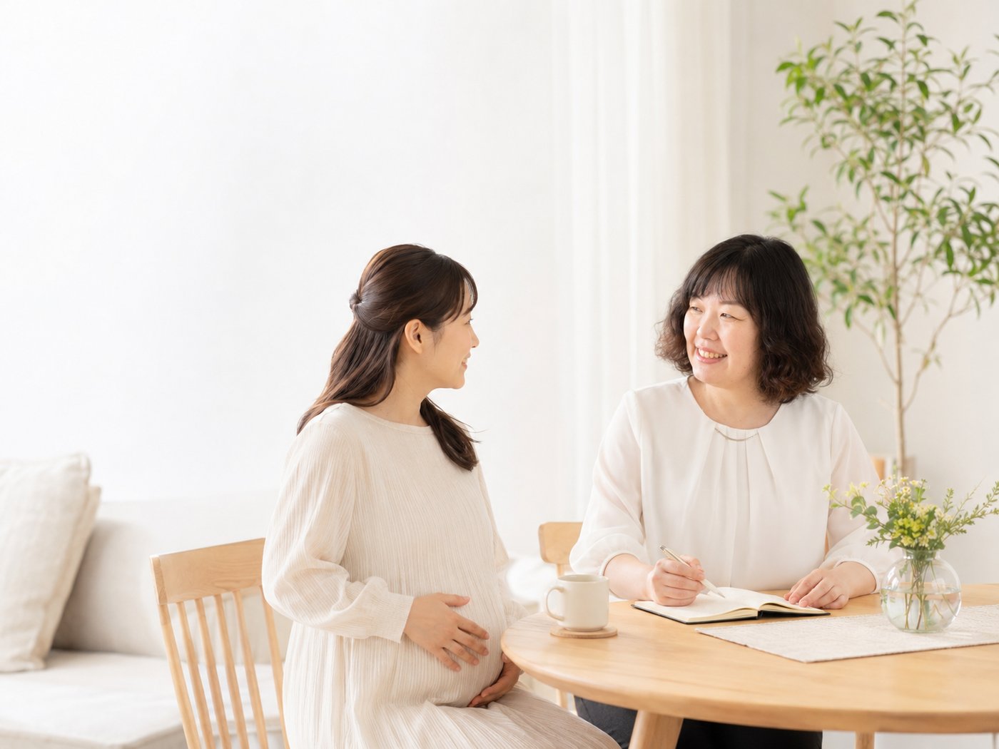 妊娠中の女性とcocoriaの提供者がテーブルを囲んで笑顔で話している様子