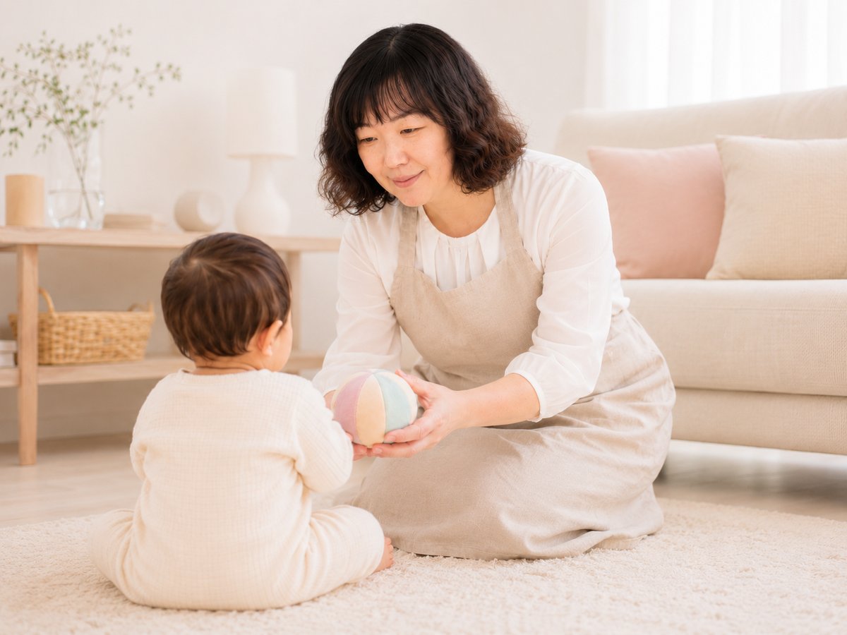 リビングで提供者が赤ちゃんとおもちゃで遊びながら見守っている様子