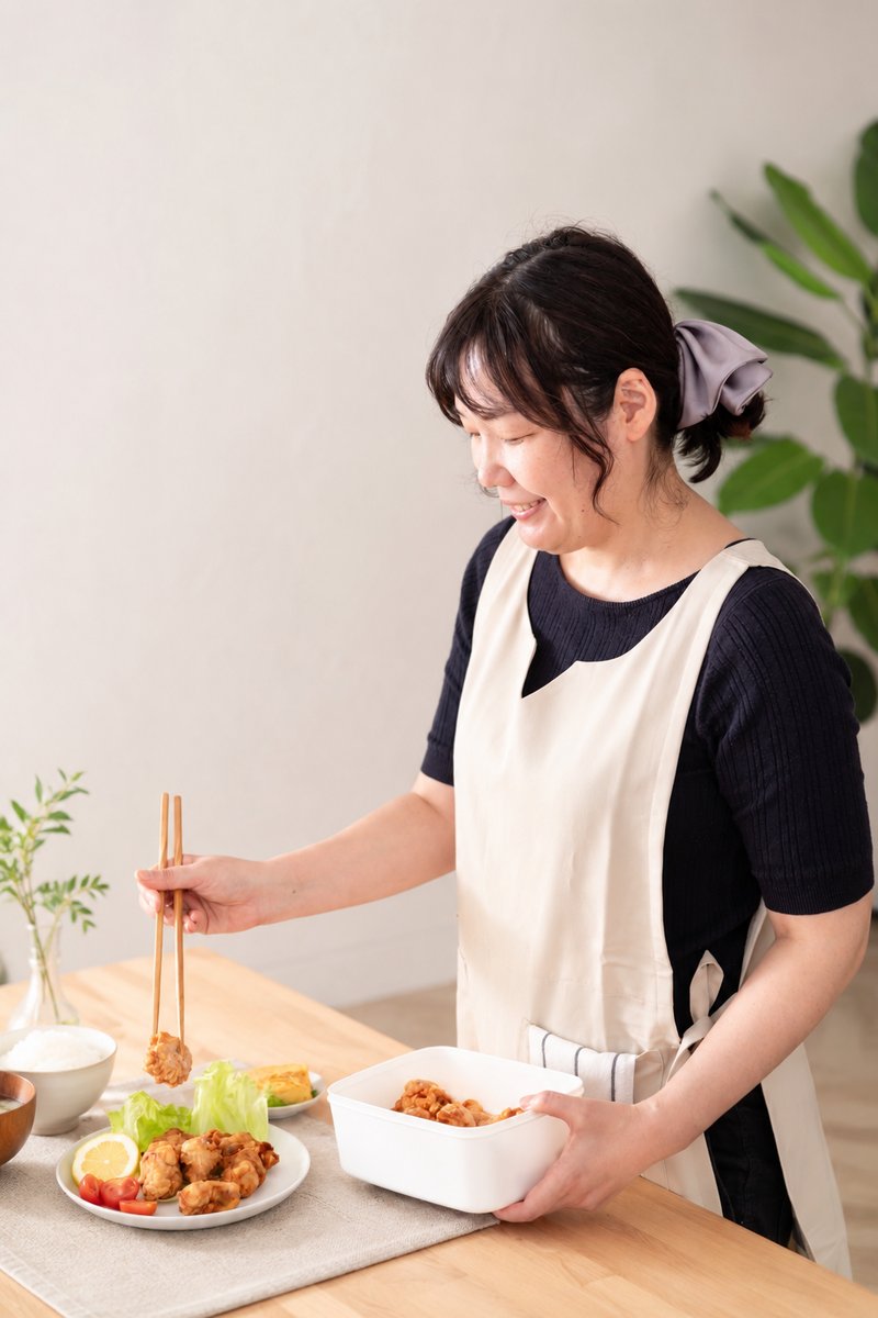 作り置きのおかずをお皿に盛り付けている提供者