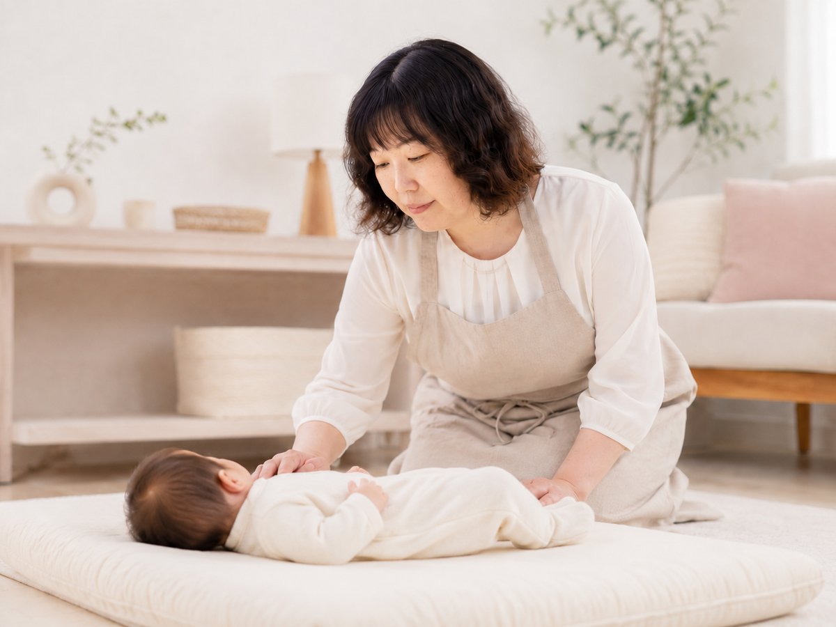 提供者が寝ている赤ちゃんをそばで見守っている様子
